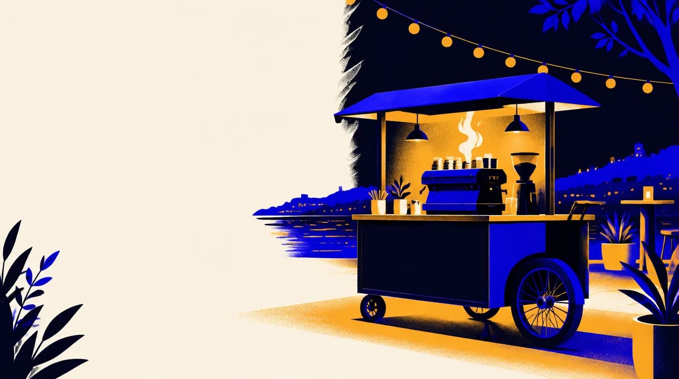 Illustration of the Daily Drip mobile espresso cart set up at an event